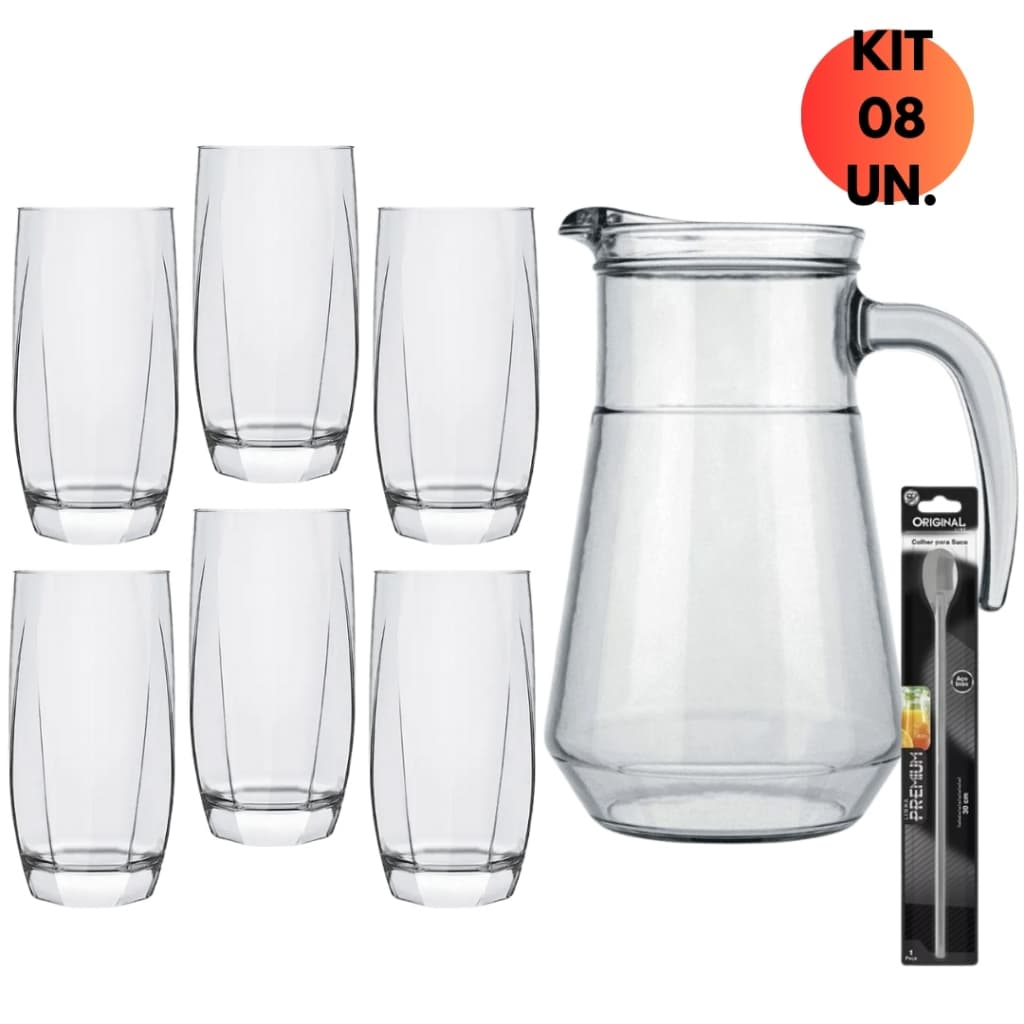 Kit 08 Peças Suco Vidro C/ Jarra Bar 1.5L + 06 Copo 425ml Capri+ Colher Suco Inox 30Cm Jogo Refresco Buffet Restaurante