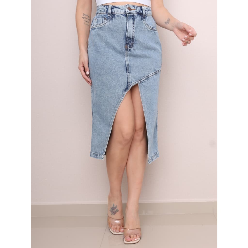 Saia Midi  Jeans Feminina Longa Cintura Alta  Midi Com Abertura