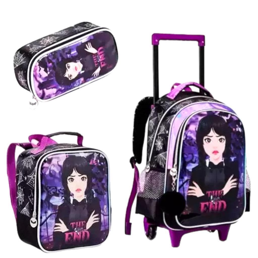 Kit Escolar Com Mochila Com Rodinhas, Lancheira Térmica E Estojo Mochila Do Homem Aranha E Wandinha