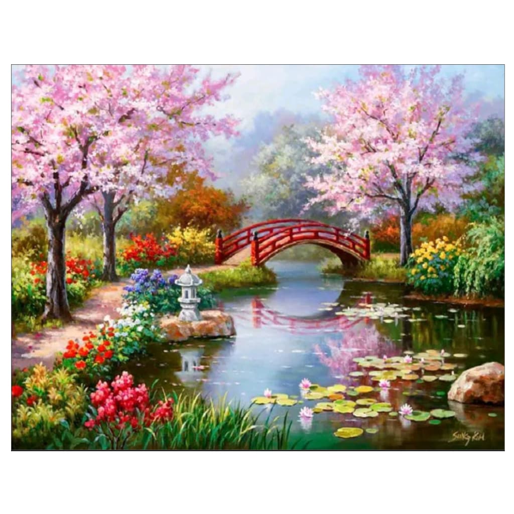 Kit de Pintura Diamante 5d Lago Florido Ponte Vermelha - Paisagem ~Natureza ~40x30cm DIY