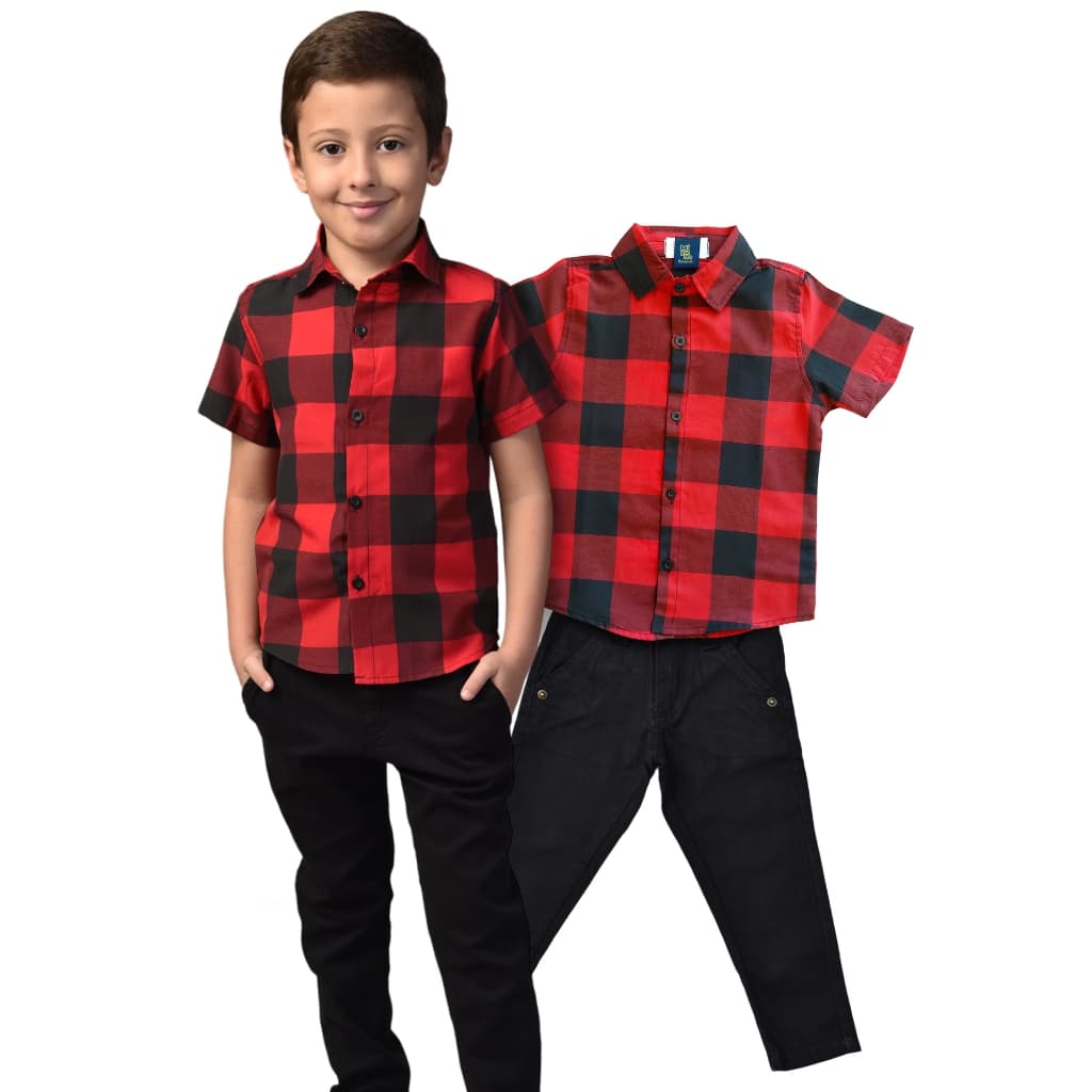 Conjunto Camisa Xadrez Infantil Manga Curta Vermelha Junina Variações Bermuda e Calça 1 Ao 10