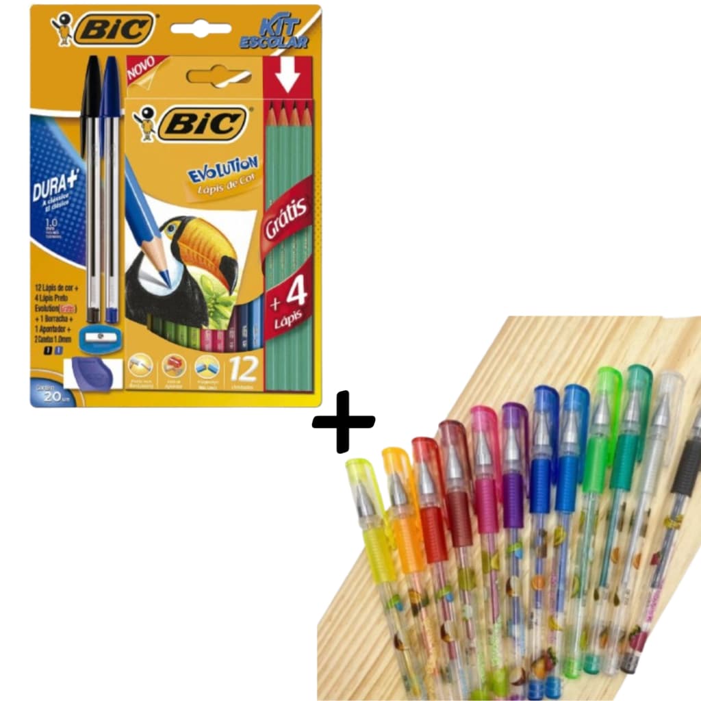 Kit Escolar Universitário Bic Caneta Azul e Preta Mais Caneta de Gel 6 e 24 Cores Glitter
