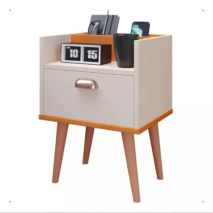 Mesa De Cabeceira Retrô Pés Milena - Off White/Cinamomo
