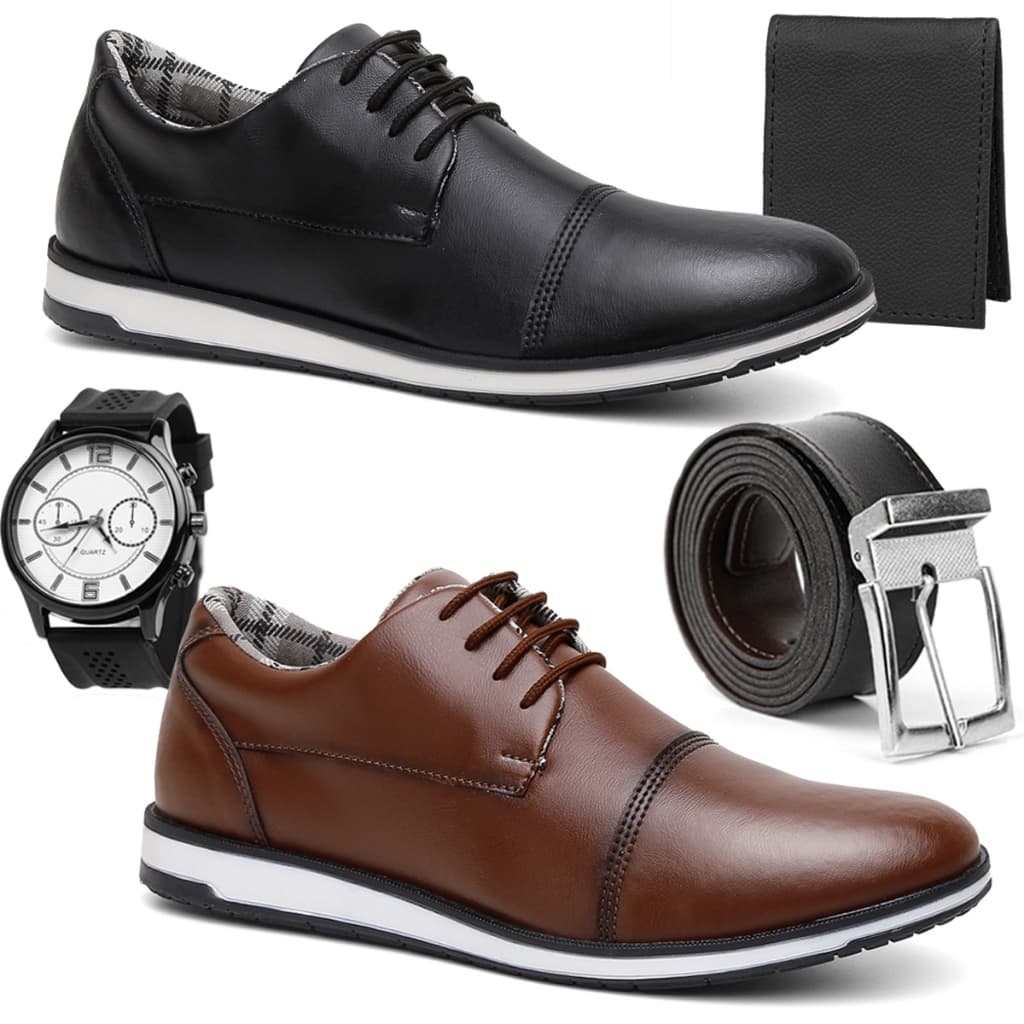 Kit Sapato Social Oxford Masculino Classico De Amarrar Preto + Relogio Cinto Social e Carteira Slim
