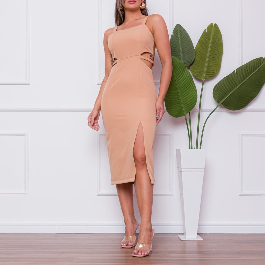 Vestido Midi Design Cut-Out Detalhe de Franzido na Cintura e Fenda Elegante Moda COD 268