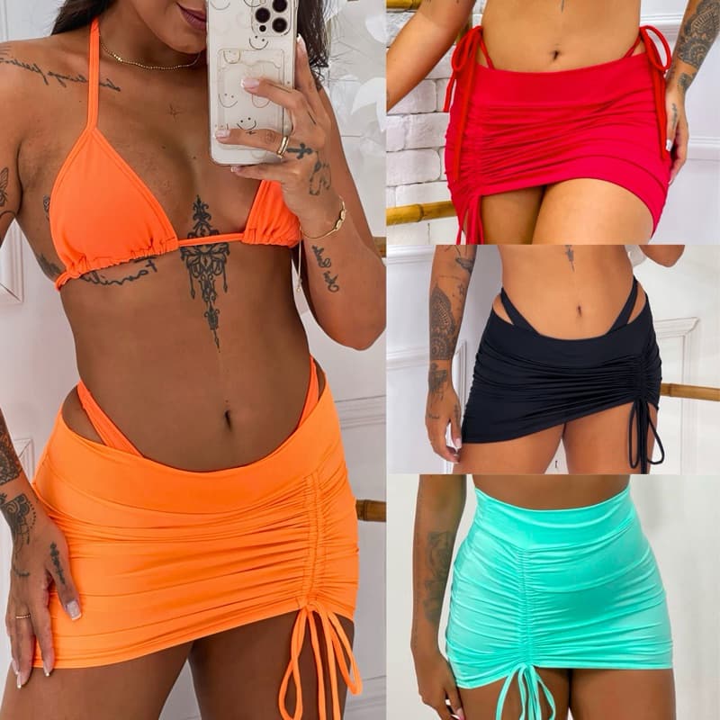Saia Com Cordinha de Amarrar Com Regulagem Franzida Saída de Praia Praiana Minisaia Curta Drapeada Ajustável Piscina