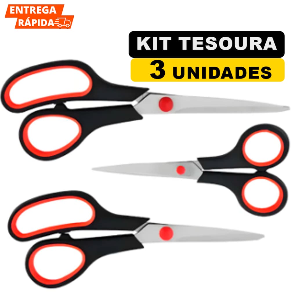 Kit 3 Tesouras Em Aço Inox Corte Costura Tamanhos Diferentes Artesanato Domestico e Profissional