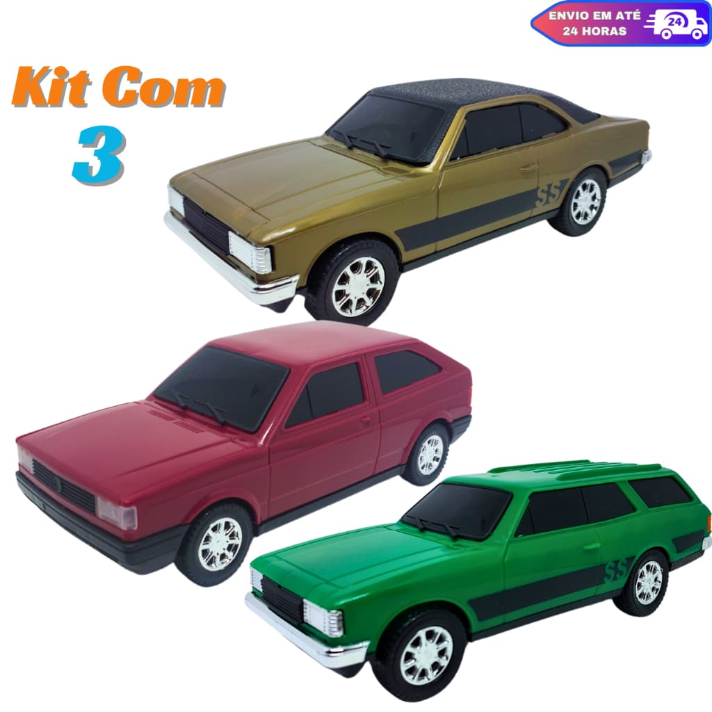 Kit 3 Carrinhos Brinquedo Classicos Antigos Opala SS Caravam SS Gol Quadrado Coleção