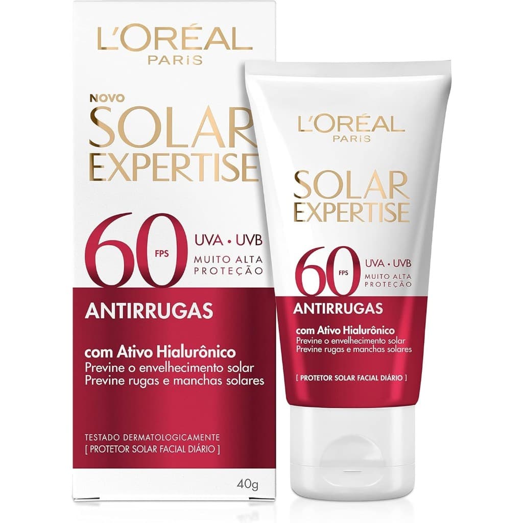L'Oréal Paris Protetor Solar Facial Antirrugas FPS60 com Ativo Hialurônico Solar Expertise, 40g