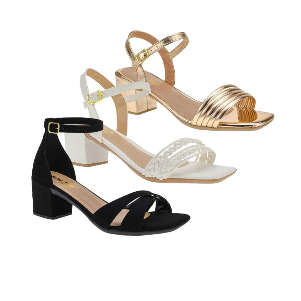Kit Sandália Feminina Salto Baixo Bico Quadrado Tiras Moda