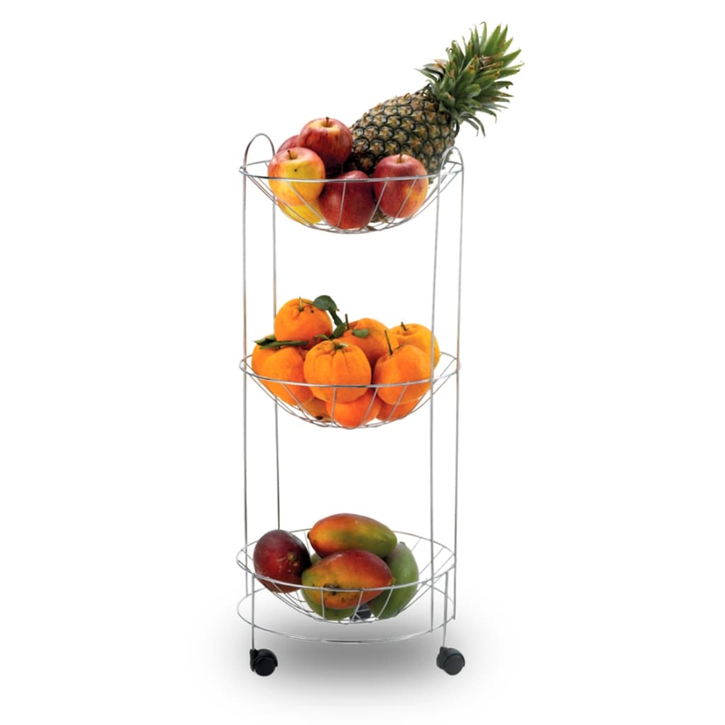 Fruteira De Chão Tripla Redonda 3 Cestos Grande Cromada Com Rodinha Rodizio Arthi