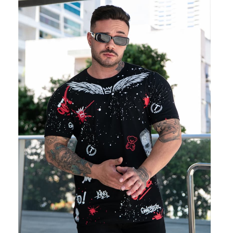 Camiseta Masculina Estampa Total Asas Moda Jovem Algodão Premium