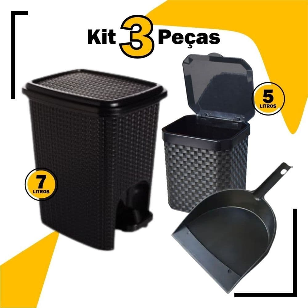 Kit Lixeira 7 Litros + Lixeira Pia 5 Litros + Pá para Lixo Plástico Casa Cozinha Multiuso