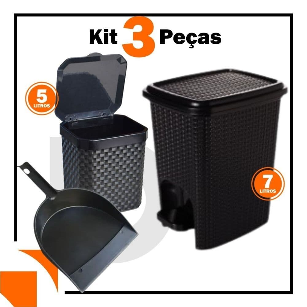 Kit Lixeira 7 Litros + Lixeira Pia 5 Litros + Pá para Lixo Plástico Casa Cozinha Multiuso