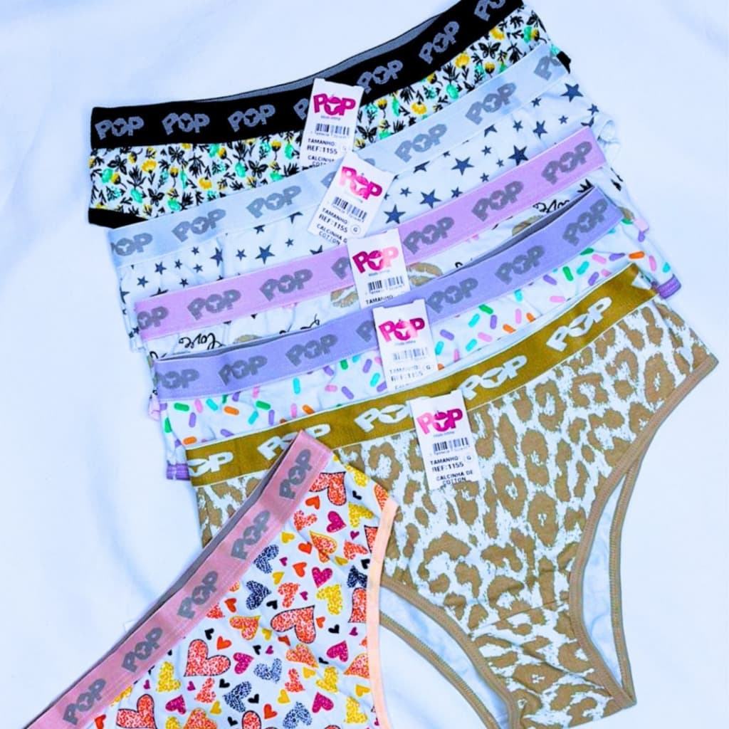 Kit 12 Calcinhas Pop Adulto Tanga 100% Algodão Cós Largo Estampada