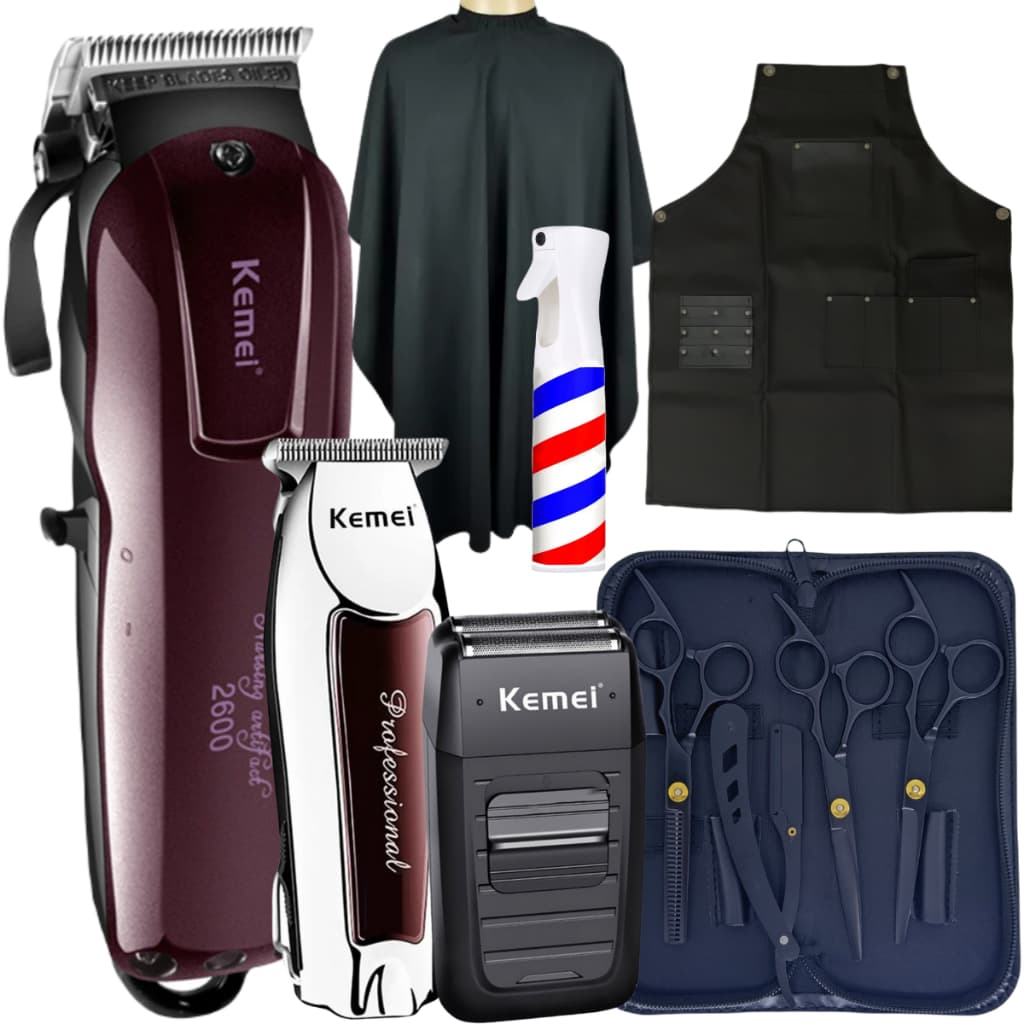 Kit Tesoura Profissional + Maquina Cortar Cabelo P/ Barbeiro Maquina acabamento Shaver Tesoura fio Laser e Fio Navalha completo com Acessorios