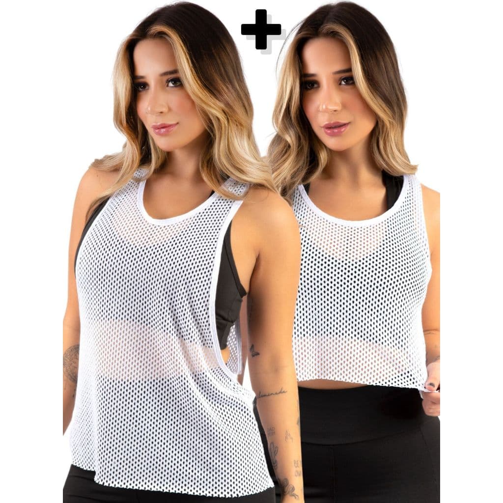 Cropped Transparente + Regata Tule Furadinha  Academia Malhar Roupa Blusa Feminina  Fitness  Promoção