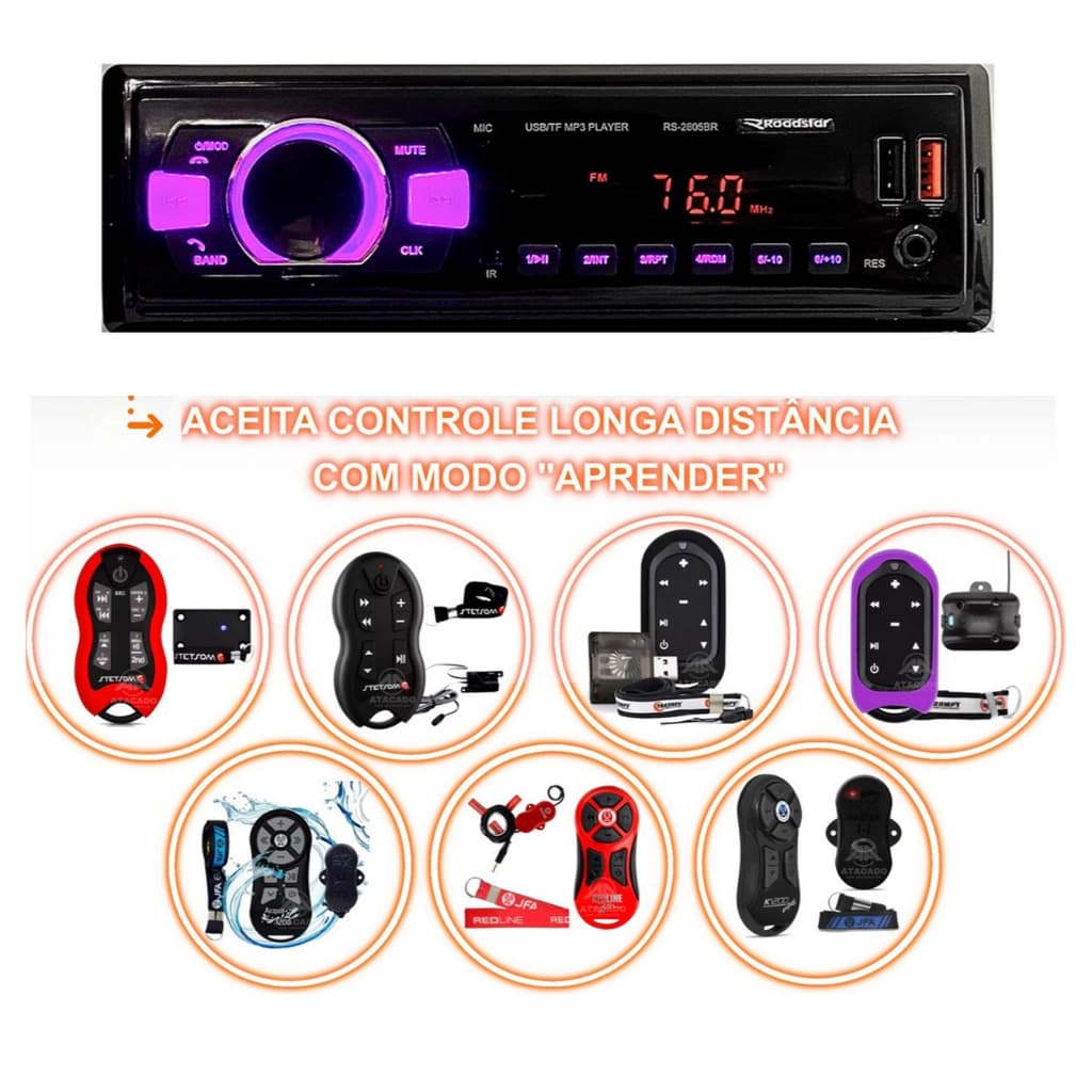Radio Automotivo Bluetooth Potente Painel Led 7 Cores Aceita Controle Longa Distancia