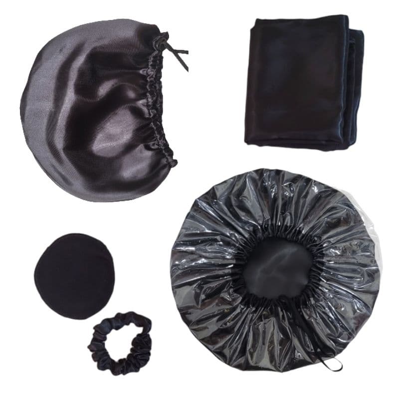Kit Touca de Banho Touca Nero Fronha de Cetim Ecopad de Microfibra e Scrunchie de Cetim
