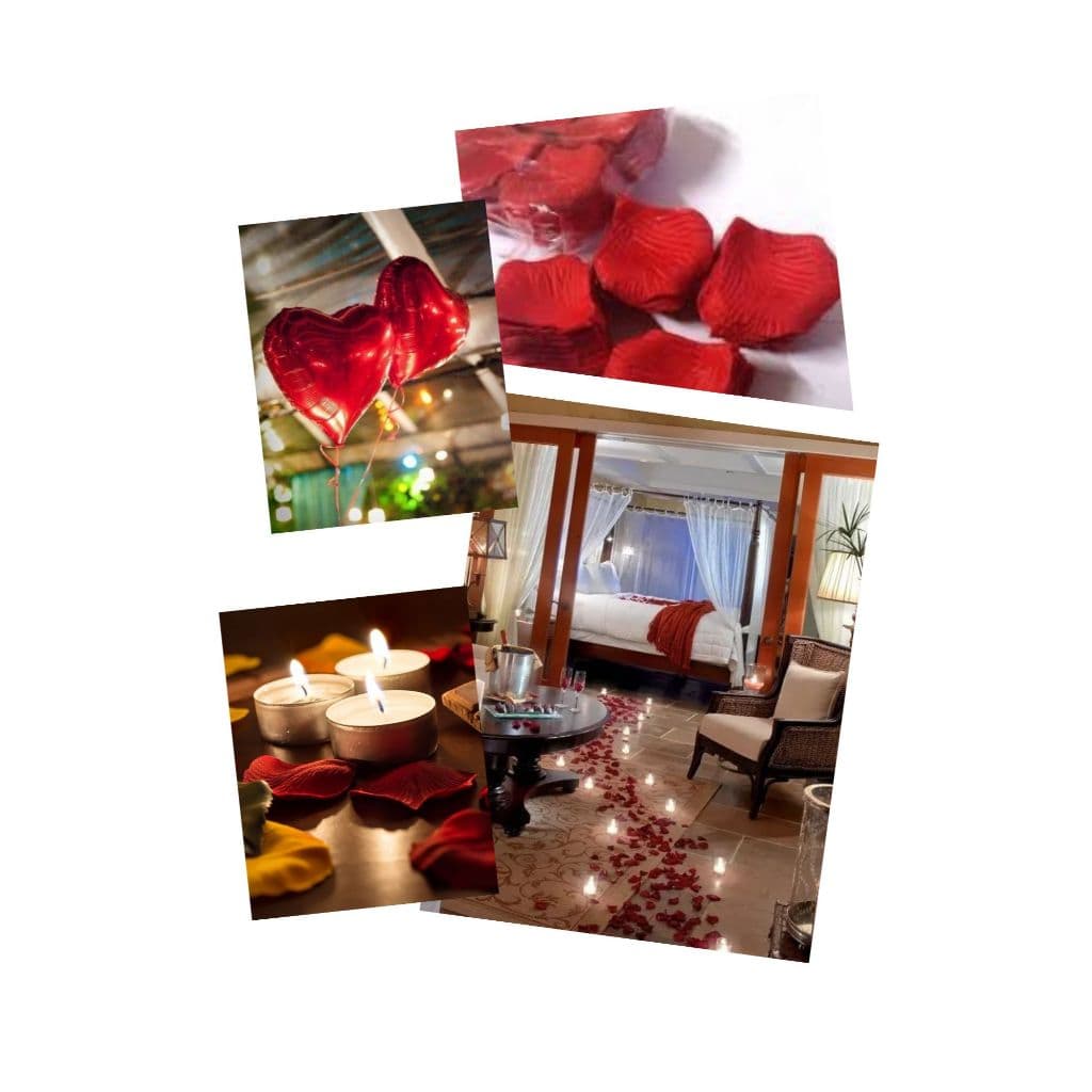 Kit Romântico 500 Pétalas de Rosas Artificiais + 10 Balões Coração Metalizados + 12 Velas Rechaud + Canudo.
