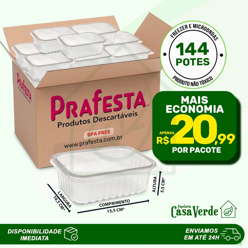 Caixa c/ 144 Potes Retangulares Descartáveis Com Tampa 500ml Para Freezer e Microondas Prafesta Fitness