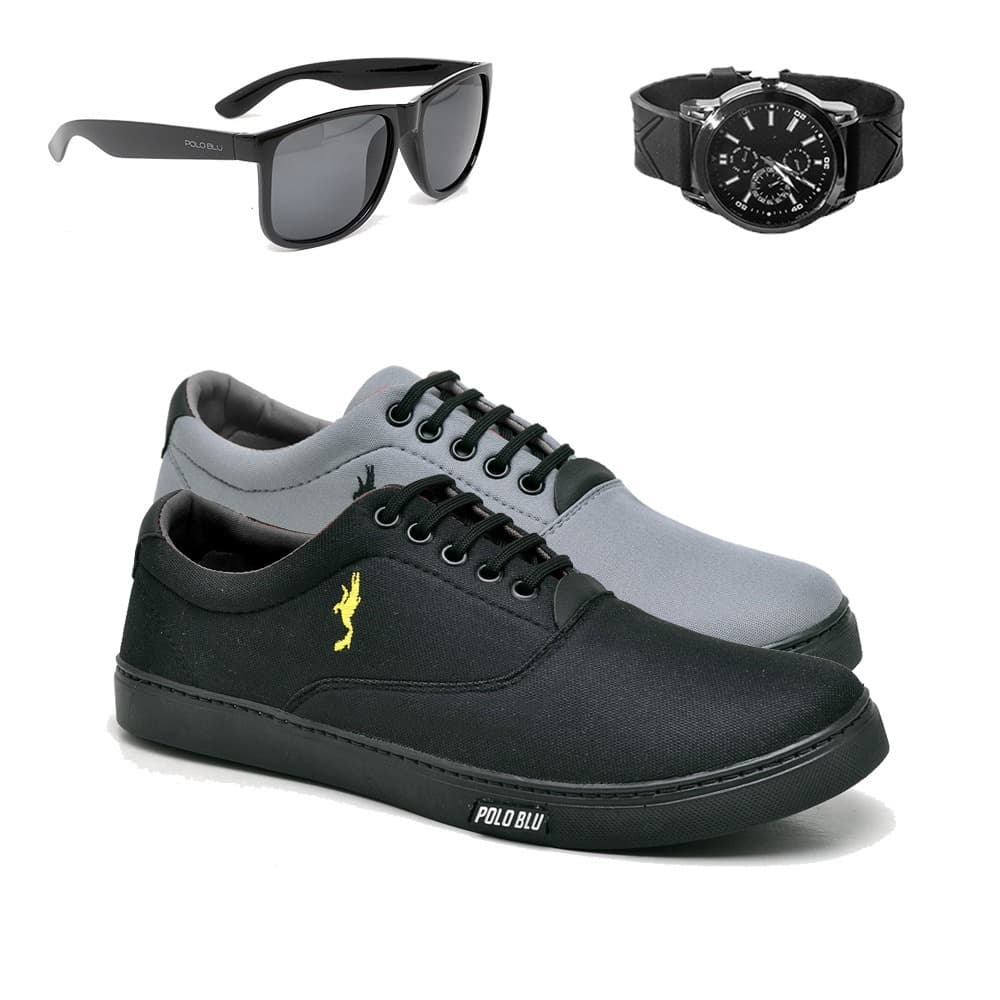 Kit 2 Pares Tênis Sapatênis Masculino Polo Blu em Lona Cano Baixo com Óculos + Relógio Analógico do 37 ao 46