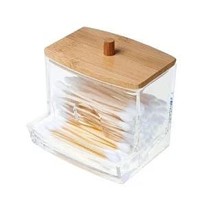 Porta Cotonete de Acrílico com Tampa de Bambu
