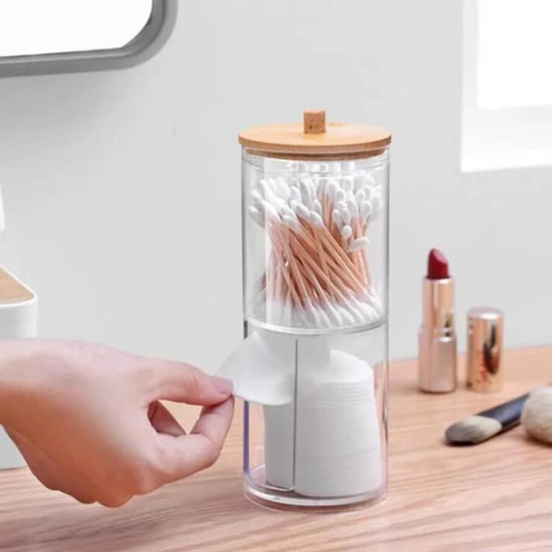 Porta Algodão e Cotonete de Acrílico com Tampa de Bambu