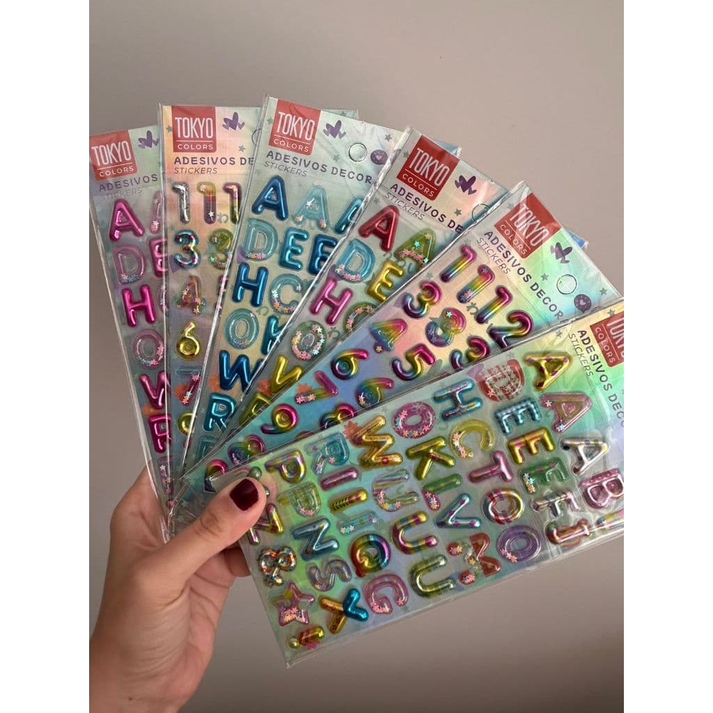 Adesivos Decorativos Letras ou Números 3D Cartela Sticker Coloridos Papelaria