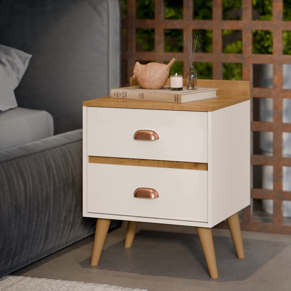 Mesa De Cabeceira Retro Pequena Em Madeira 2 Gavetas Nicho Inferior Com Pés - Quality Móveis