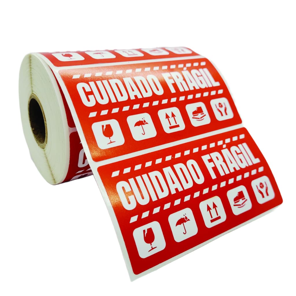Etiquetas Adesivas Cuidado Frágil 100x50mm - Alta Concentração de Cola - Ideal para Caixas