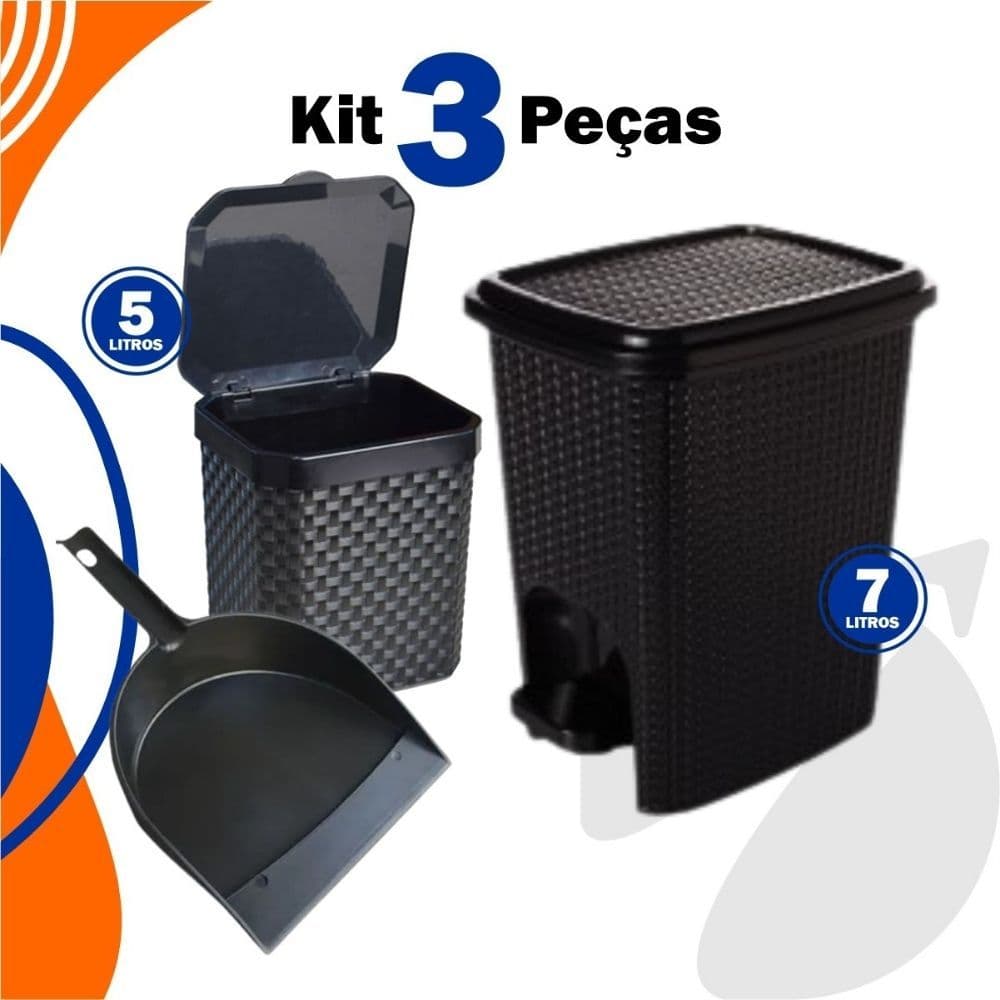 Kit Lixeira 7 Litros + Lixeira Pia 5 Litros + Pá para Lixo Plástico Casa Cozinha Multiuso
