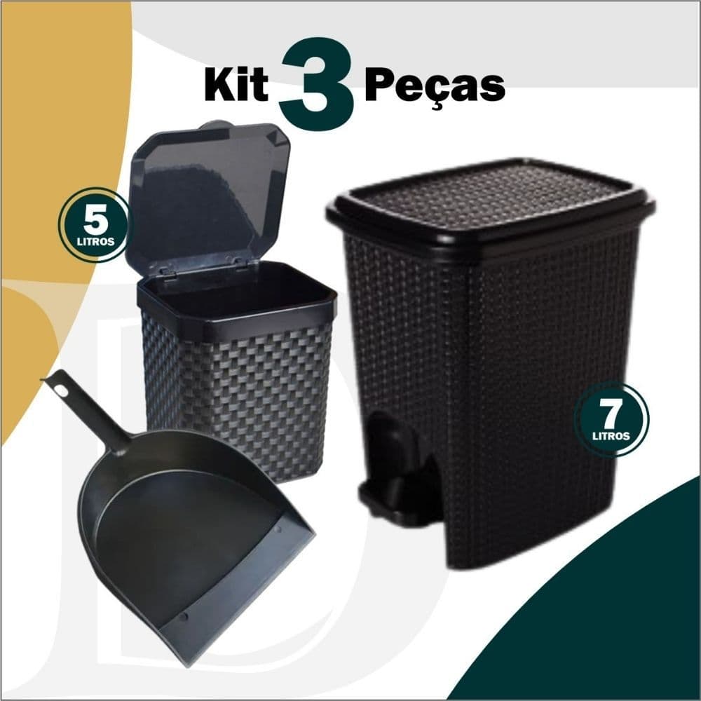 Kit Lixeira 7 Litros + Lixeira Pia 5 Litros + Pá para Lixo Plástico Casa Cozinha Multiuso