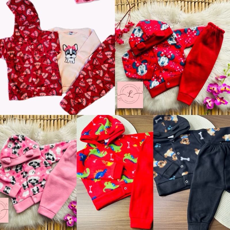 Conjunto 5 peças em soft para bebe (menina ou menino) tamanhos 1 a 8 meses - 1 casaco + 1 body + 1 calça + 2 meia
