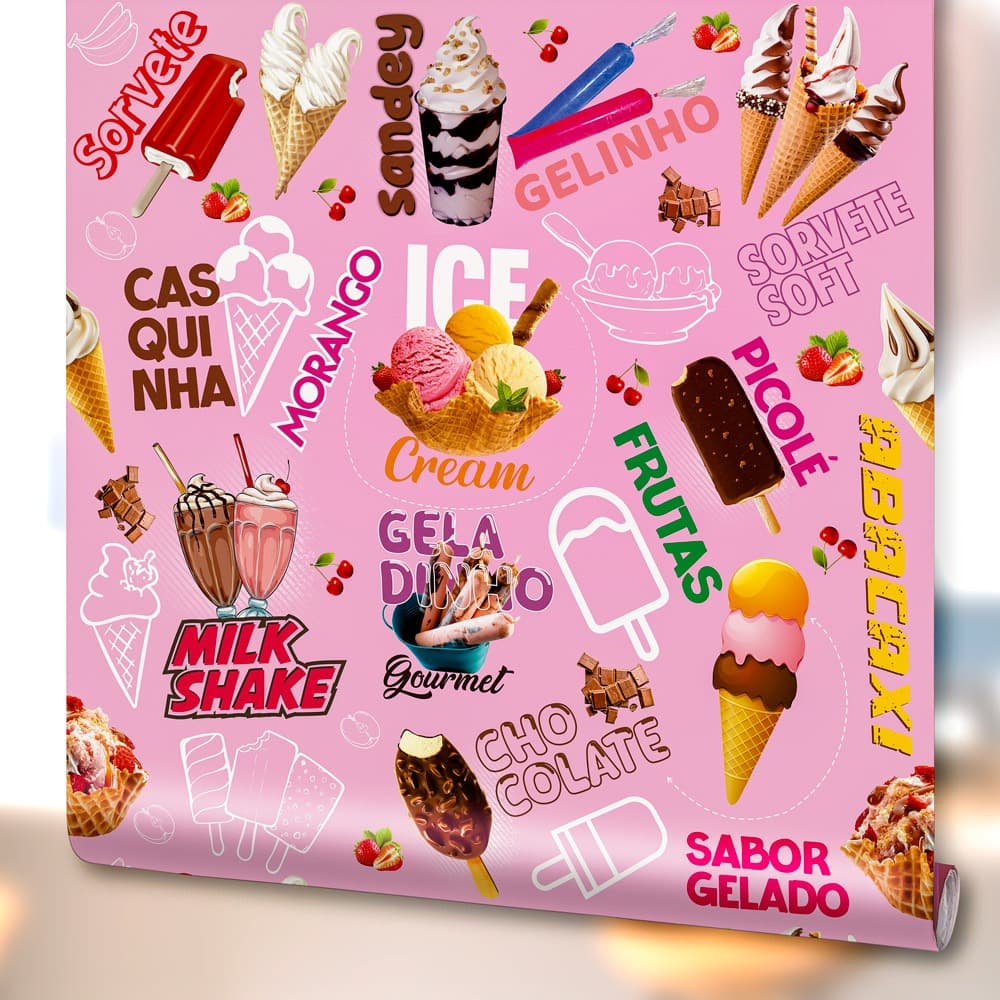 Papel de Parede Decoração Sorveteria Picolé Sorvete Milk Shake Lavável