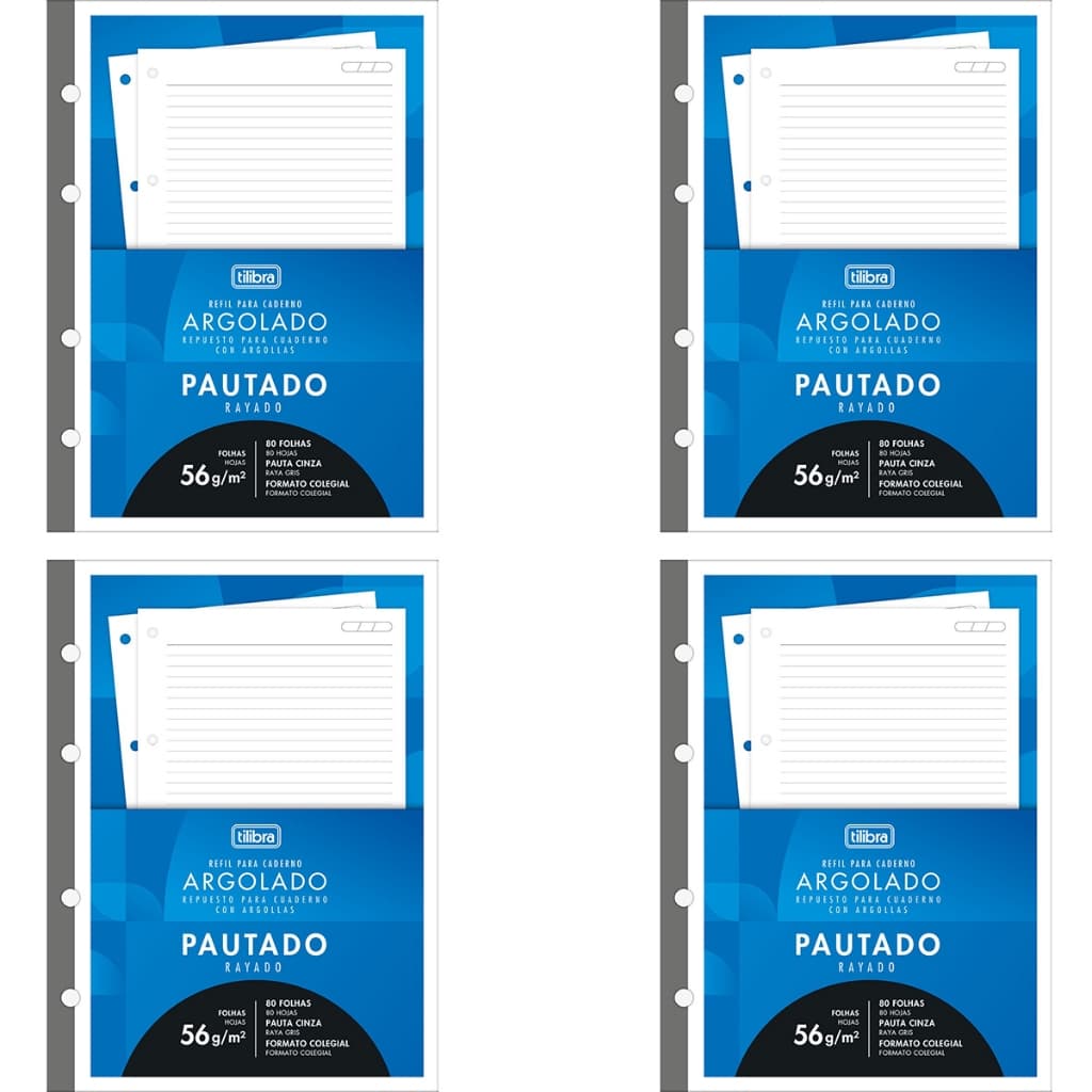 Kit Com 4 Refil Tiliflex Colegial Pautado, 17x24, Para Caderno Fichário Argolado Cartonado b5