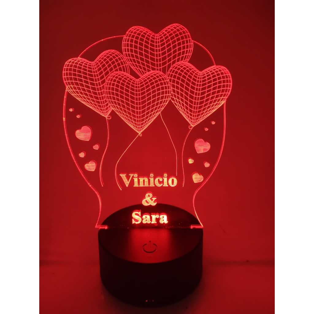 Luminária de mesa Coração Balão 3D com nome personalizado modelo 16cores e controle remoto