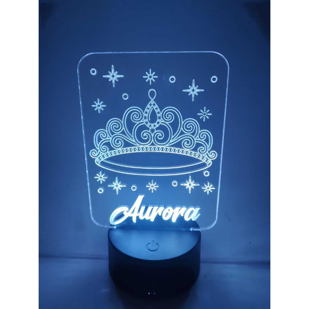 Luminária de mesa Coroa de princesa com nome personalizado - modelo 16 cores e controle remoto