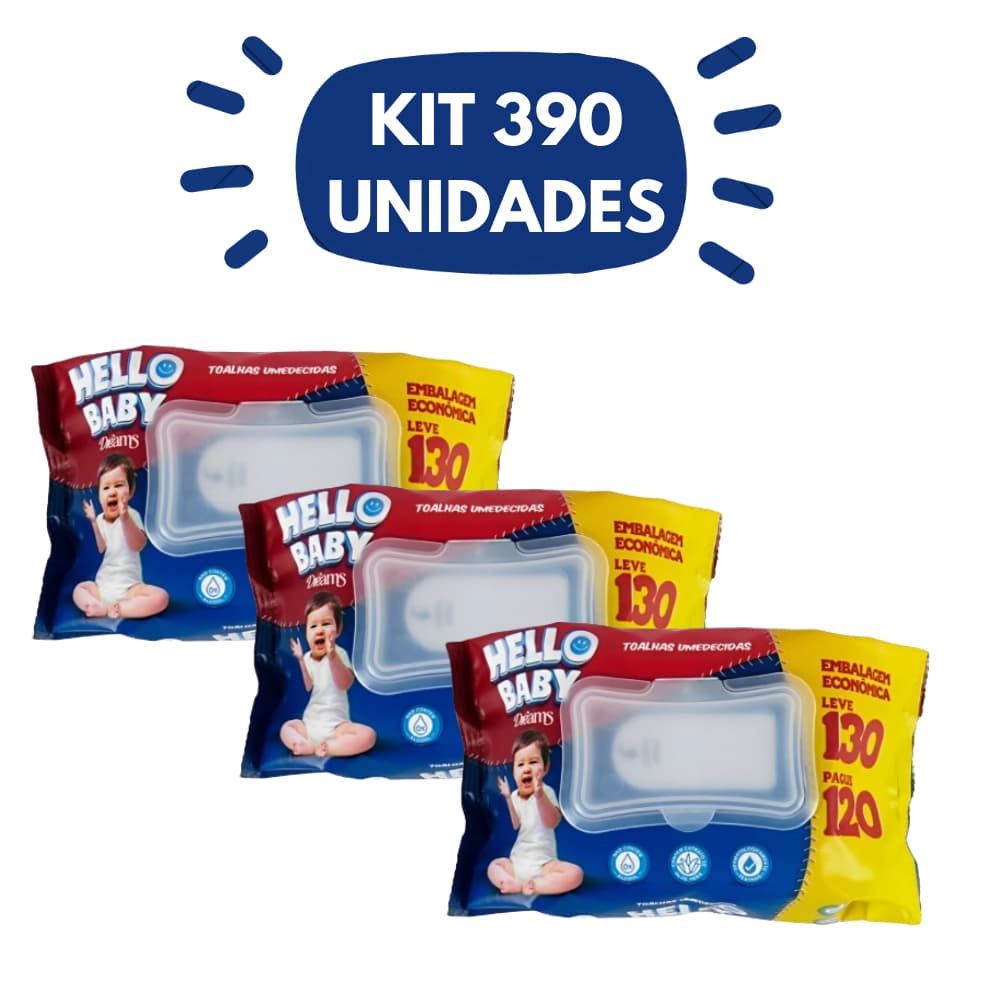 Kit 3 Pacotes Lenço Umedecido Hello Baby Dreams - 390 Unidades - Aloe Vera