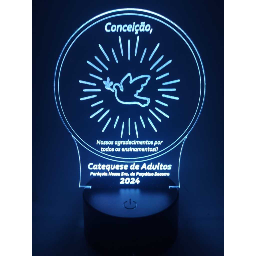 Luminária de mesa led Pomba da Paz com escrita personalizada modelo 16 cores