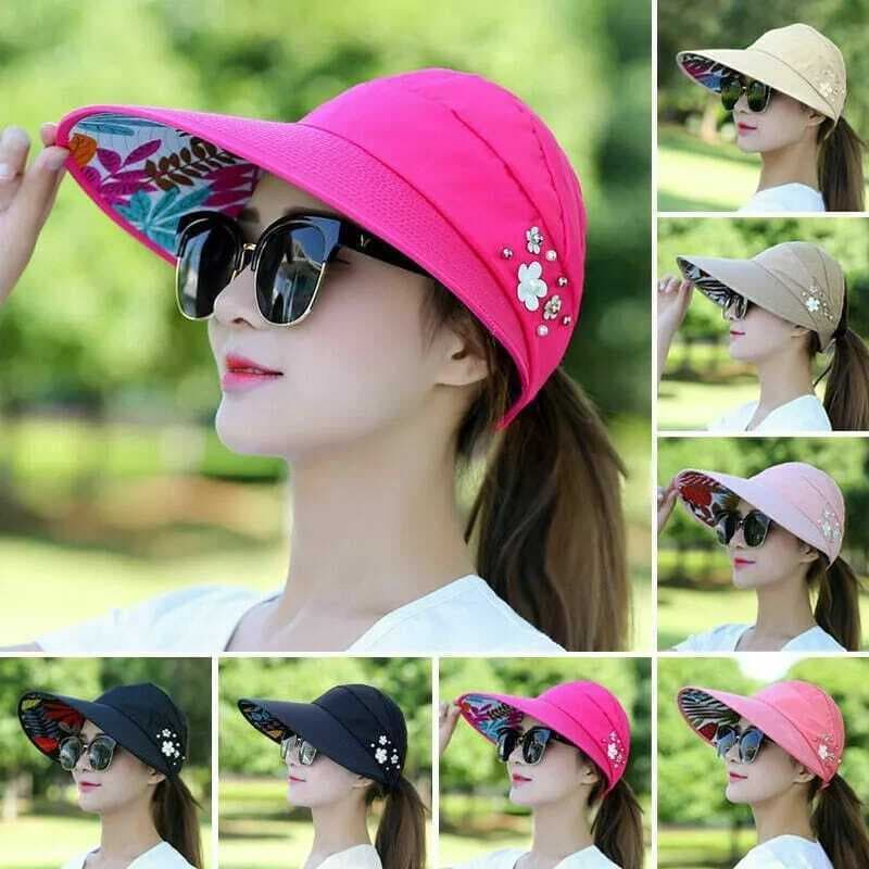 Chapéu de sol dobrável de aba larga feminino , viseira praia anti-UV