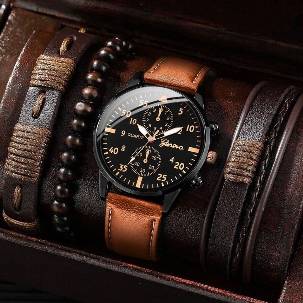 Relógio Analógico 3 Pulseiras Marrom Presente Masculino Homem Bracelete