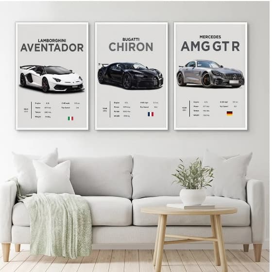 Quadros decorativos Carros marcas (3 peças)