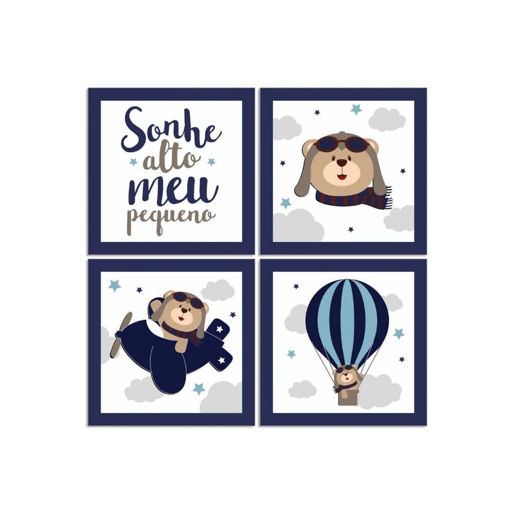 Kit Quadros Decorativos 4 Peças Infantil Frase Sonhe Alto Meu Príncipe Urso Aviação Azul Balão Delic