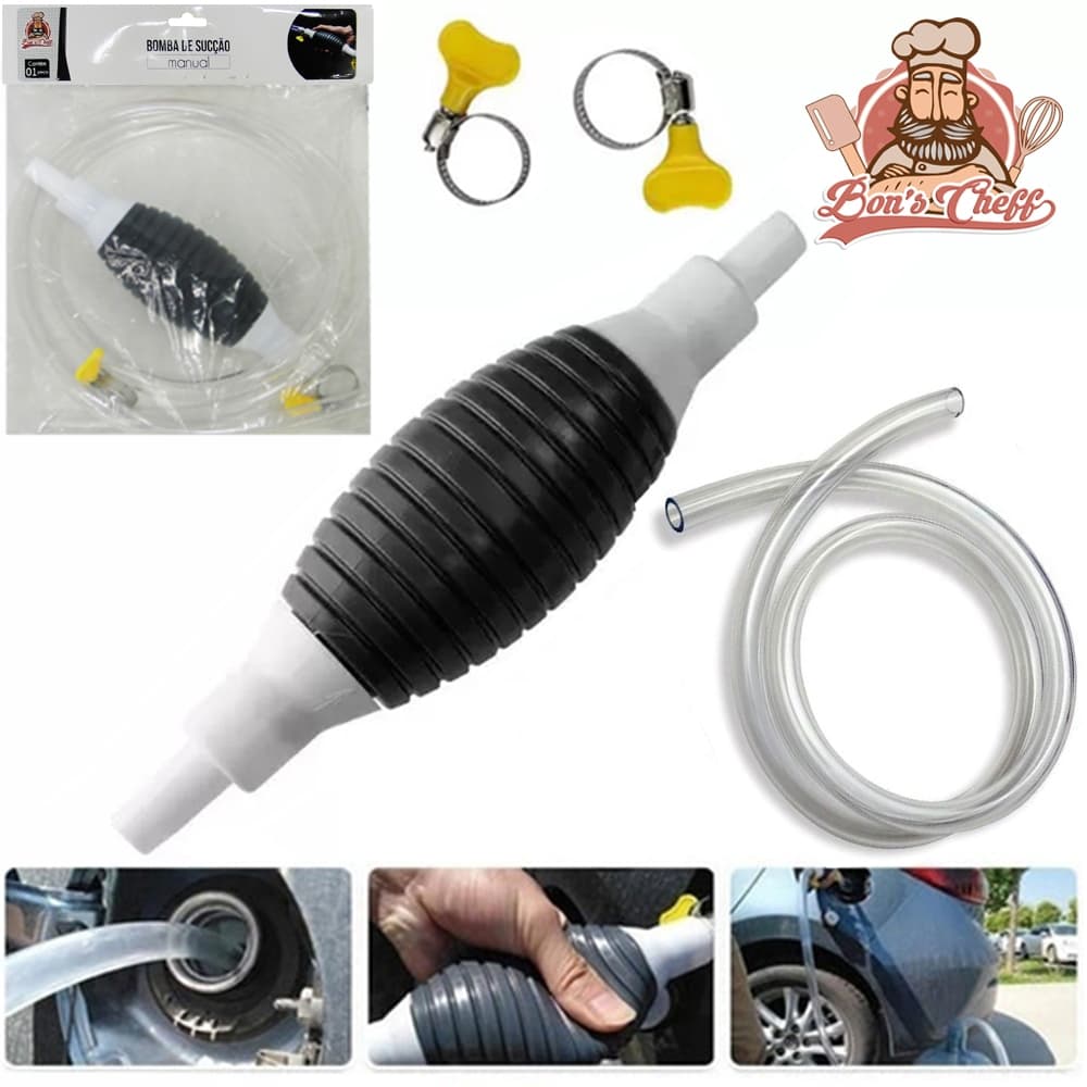 BOMBA DE SUCCAO MANUAL COM MANGUEIRA + ABRACADEIRA BORBOLETA 4 PECAS NA SOLAPA BONS CHEFF