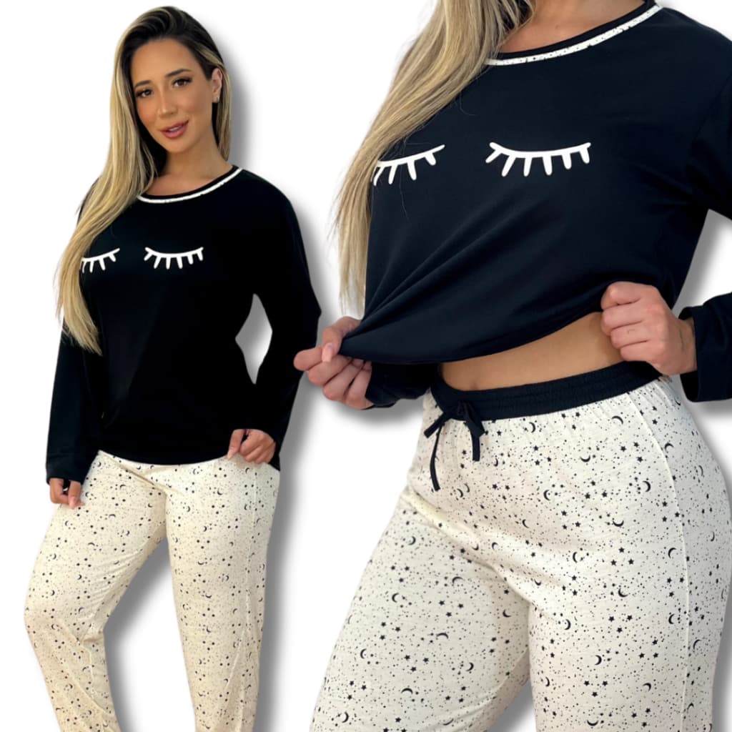 Pijama de malha manga longa e calça de inverno