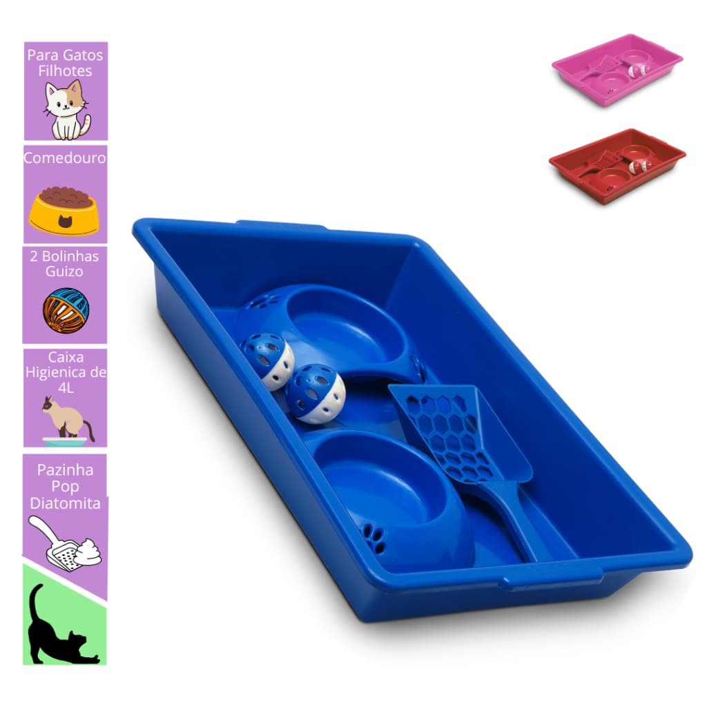 Bandeja Higienica Pazinha Areia Kit para Gatos Filhotes com Comedouro e Bolinha Guizo