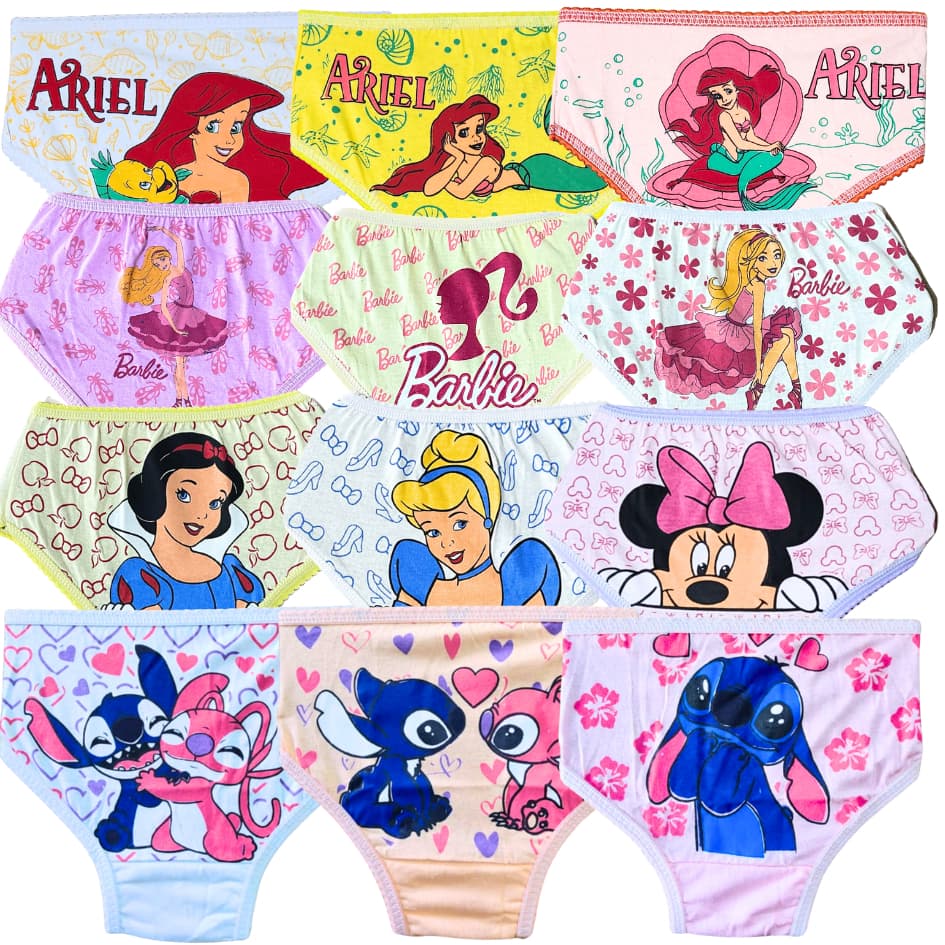 Kit 12 Calcinha Bebê Infantil Personagem 100% Algodão Calcinhas Menina Estampadas Tamanho P ao G Veste de 1 a 9 Anos