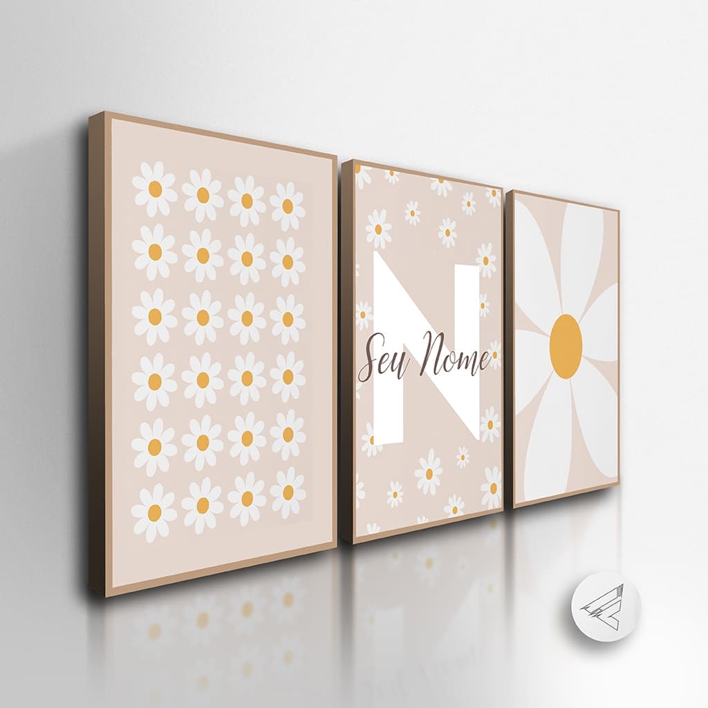 Kit 3 Quadros Decorativos Infantil Flores Personalizado com Nome