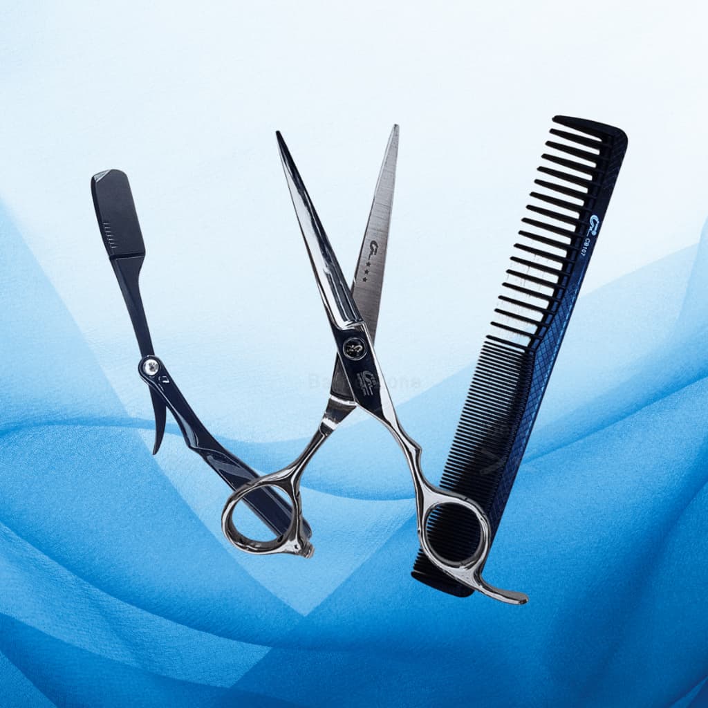 Kit Profissional Tesoura de Corte, Pente Carbono e Navalhete para Barbeiro e Cabelereiro